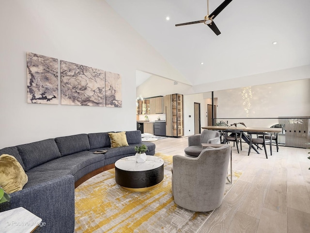 849 Cramer Ct, Willowbrook, IL 60527 - living area with high vaulted ceiling, ceiling fan, light wood-style flooring, a chandelier, and recessed lighting