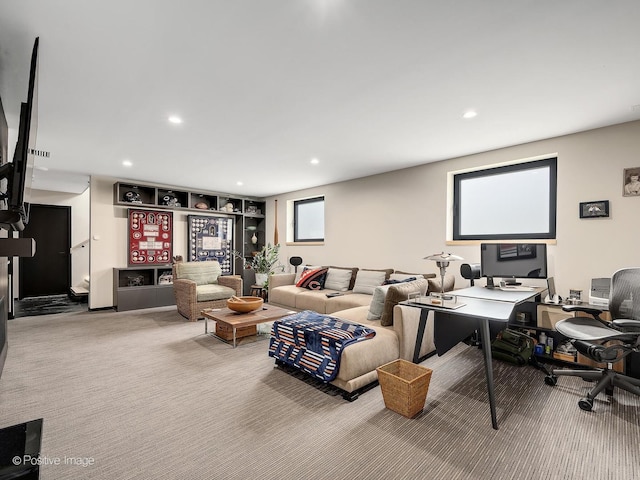 849 Cramer Ct, Willowbrook, IL 60527 - living area featuring carpet floors, recessed lighting, and an office area