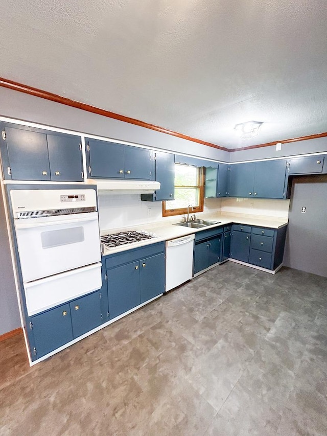 425 W Donald St, Kankakee, IL 60901 - kitchen with white appliances, blue cabinets, a warming drawer, a textured ceiling, and light countertops