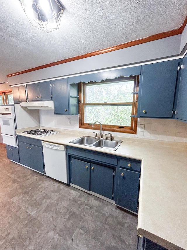 425 W Donald St, Kankakee, IL 60901 - kitchen with white appliances, blue cabinetry, under cabinet range hood, a textured ceiling, and crown molding