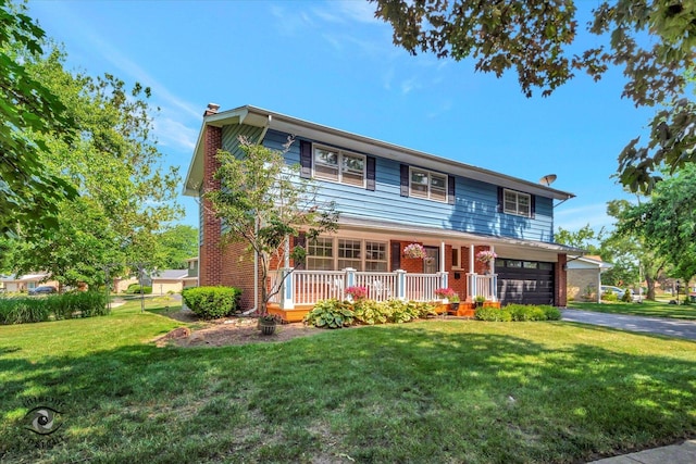 19126 Pierce Ave, Homewood, IL 60430 - view of front of house with covered porch, a chimney, brick siding, and a front lawn
