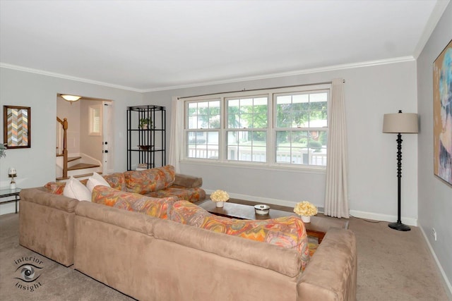 19126 Pierce Ave, Homewood, IL 60430 - living room featuring crown molding, carpet floors, healthy amount of natural light, and stairway