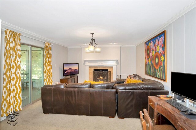 19126 Pierce Ave, Homewood, IL 60430 - carpeted living area with crown molding, a warm lit fireplace, and a chandelier