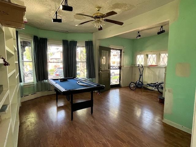 3651 W 64th Pl, Chicago, IL 60629 - rec room featuring wood finished floors, billiards, a textured ceiling, and a ceiling fan
