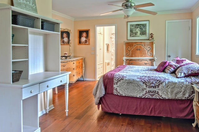 20798 White Oaks Rd, Morrison, IL 61270 - bedroom featuring crown molding, hardwood / wood-style floors, ensuite bath, and ceiling fan