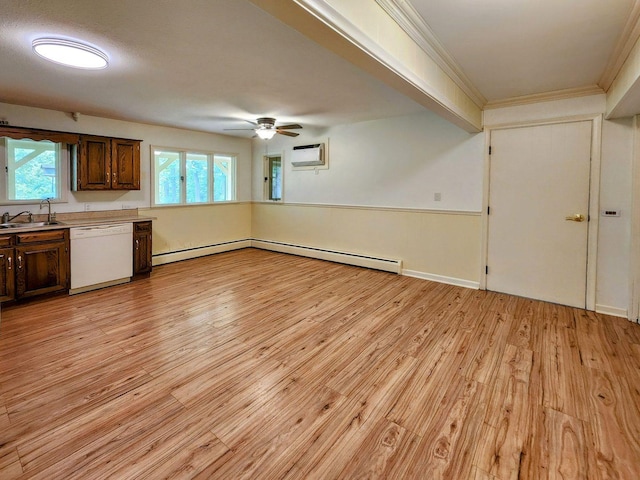 20798 White Oaks Rd, Morrison, IL 61270 - kitchen featuring dishwasher, light wood-style floors, a ceiling fan, light countertops, and crown molding