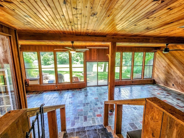 20798 White Oaks Rd, Morrison, IL 61270 - unfurnished sunroom featuring wooden walls and a wooden ceiling with exposed beams