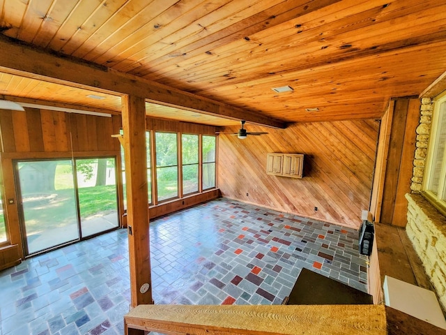 20798 White Oaks Rd, Morrison, IL 61270 - additional living space featuring wooden walls, brick patterned flooring, wood ceiling, and ceiling fan