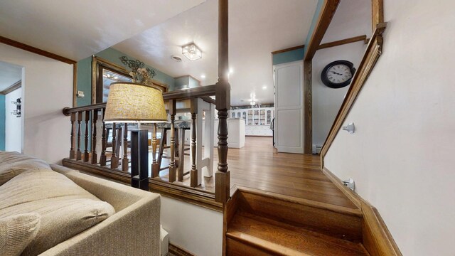 17 Park Dr, Villa Grove, IL 61956 - staircase featuring wood finished floors and ornamental molding