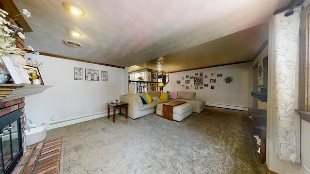 17 Park Dr, Villa Grove, IL 61956 - living area with a baseboard heating unit, a fireplace, and carpet