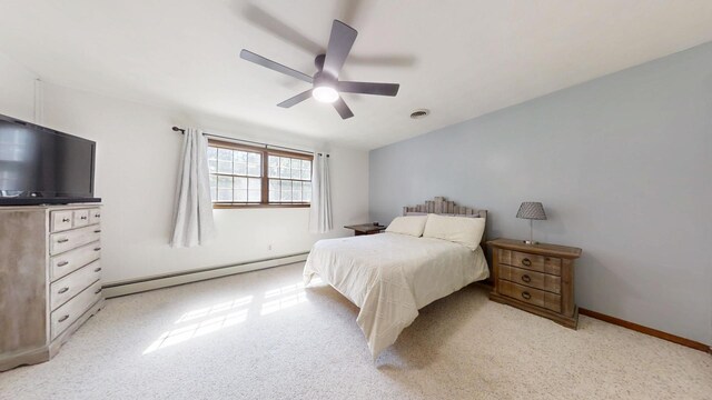 17 Park Dr, Villa Grove, IL 61956 - bedroom featuring a baseboard radiator, ceiling fan, and light colored carpet