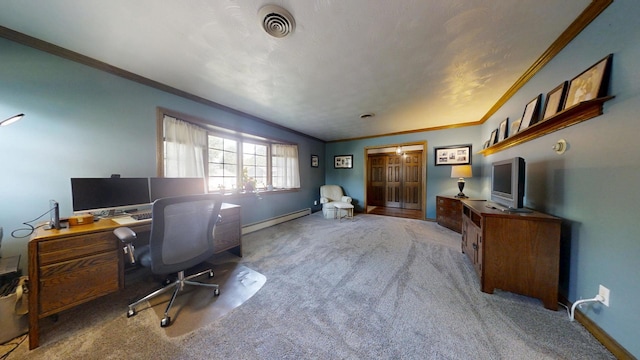 17 Park Dr, Villa Grove, IL 61956 - office area featuring a baseboard heating unit, carpet flooring, and crown molding