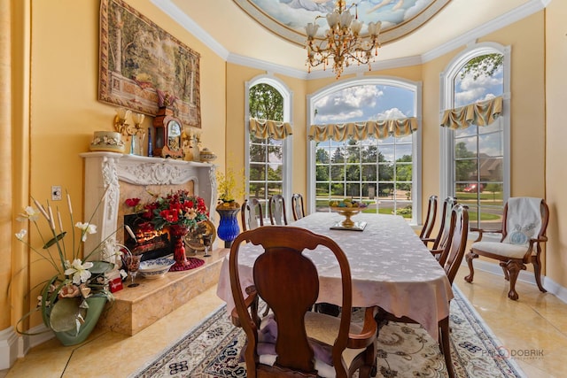 1130 Gavin Ct, Lake Forest, IL 60045 - tiled dining room featuring crown molding and a chandelier