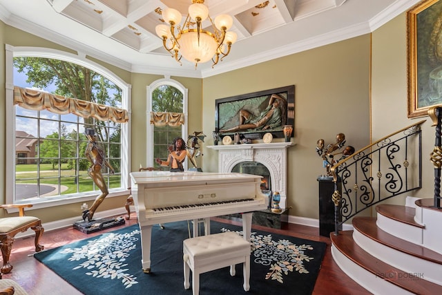 1130 Gavin Ct, Lake Forest, IL 60045 - living area featuring a chandelier, coffered ceiling, wood finished floors, a lit fireplace, and ornamental molding