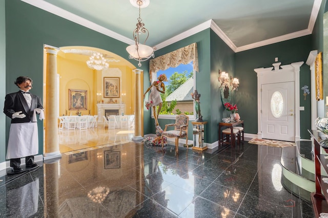 1130 Gavin Ct, Lake Forest, IL 60045 - foyer featuring decorative columns, granite floors, arched walkways, ornamental molding, and a chandelier