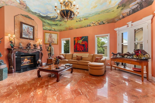 1130 Gavin Ct, Lake Forest, IL 60045 - living room with a chandelier, a fireplace with flush hearth, and marble tiled floors