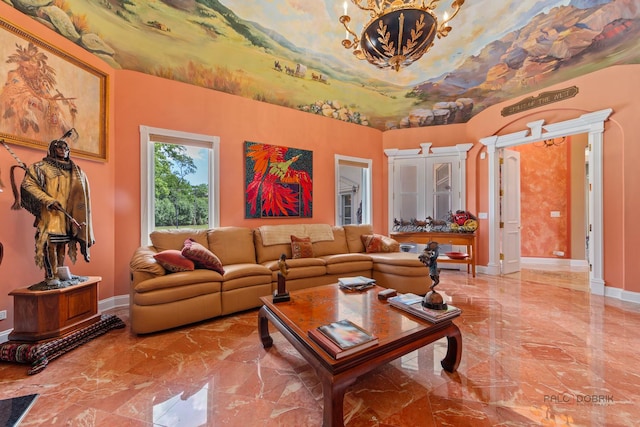 1130 Gavin Ct, Lake Forest, IL 60045 - living area featuring marble tiled flooring and a chandelier
