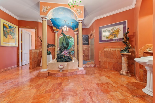 1130 Gavin Ct, Lake Forest, IL 60045 - corridor featuring decorative columns, crown molding, and arched walkways