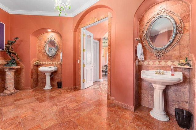 1130 Gavin Ct, Lake Forest, IL 60045 - bathroom featuring tile walls, stone tile floors, and crown molding