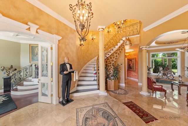1130 Gavin Ct, Lake Forest, IL 60045 - foyer entrance with stairs, arched walkways, ornamental molding, ornate columns, and marble tiled flooring