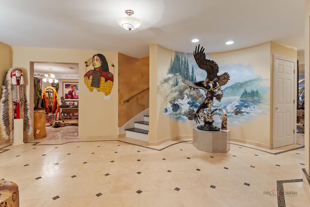 1130 Gavin Ct, Lake Forest, IL 60045 - corridor with recessed lighting, stairway, tile patterned flooring, and a chandelier