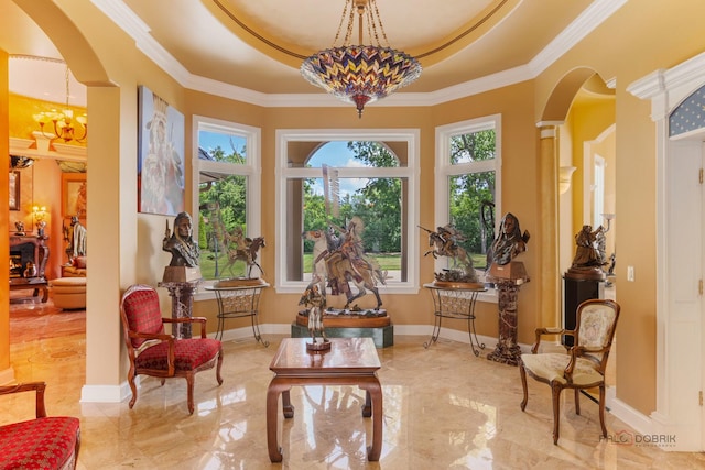 1130 Gavin Ct, Lake Forest, IL 60045 - living area featuring arched walkways, a tray ceiling, marble tiled floors, a chandelier, and ornamental molding
