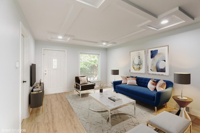 7915 S Justine St, Chicago, IL 60620 - living room with attic access, light wood-style flooring, recessed lighting, and coffered ceiling