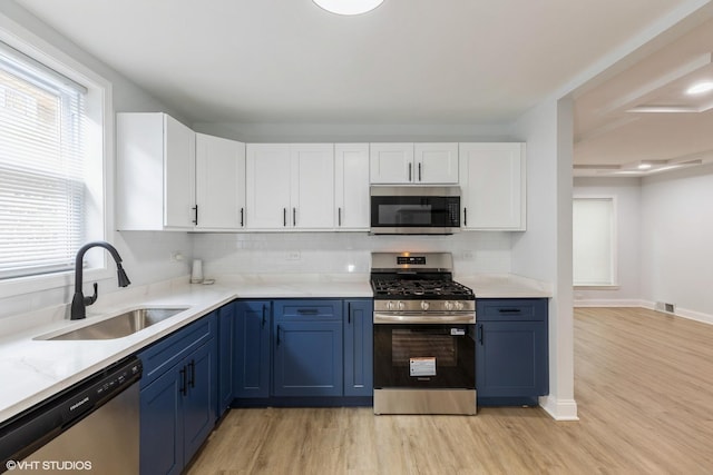 7915 S Justine St, Chicago, IL 60620 - kitchen featuring stainless steel appliances, light wood finished floors, white cabinets, blue cabinets, and light countertops