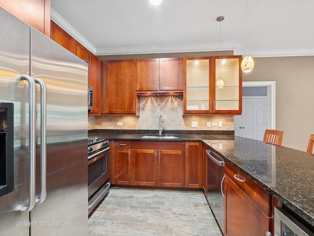 4553 N Magnolia Ave Unit 205, Chicago, IL 60640 - kitchen with appliances with stainless steel finishes, wine cooler, crown molding, backsplash, and glass insert cabinets