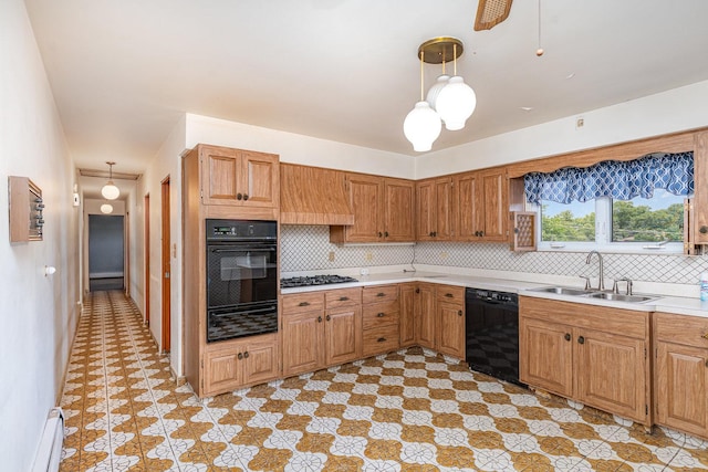 9225 S 84th Ave, Hickory Hills, IL 60457 - kitchen with black appliances, a warming drawer, tasteful backsplash, light countertops, and custom range hood