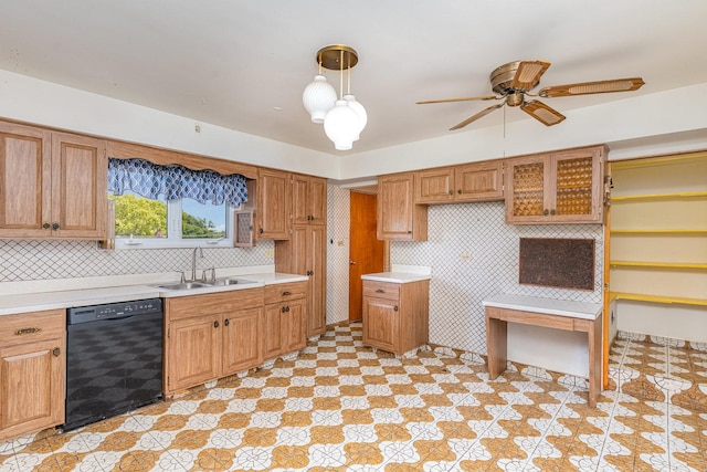 9225 S 84th Ave, Hickory Hills, IL 60457 - kitchen with black dishwasher, light countertops, ceiling fan, backsplash, and brown cabinetry