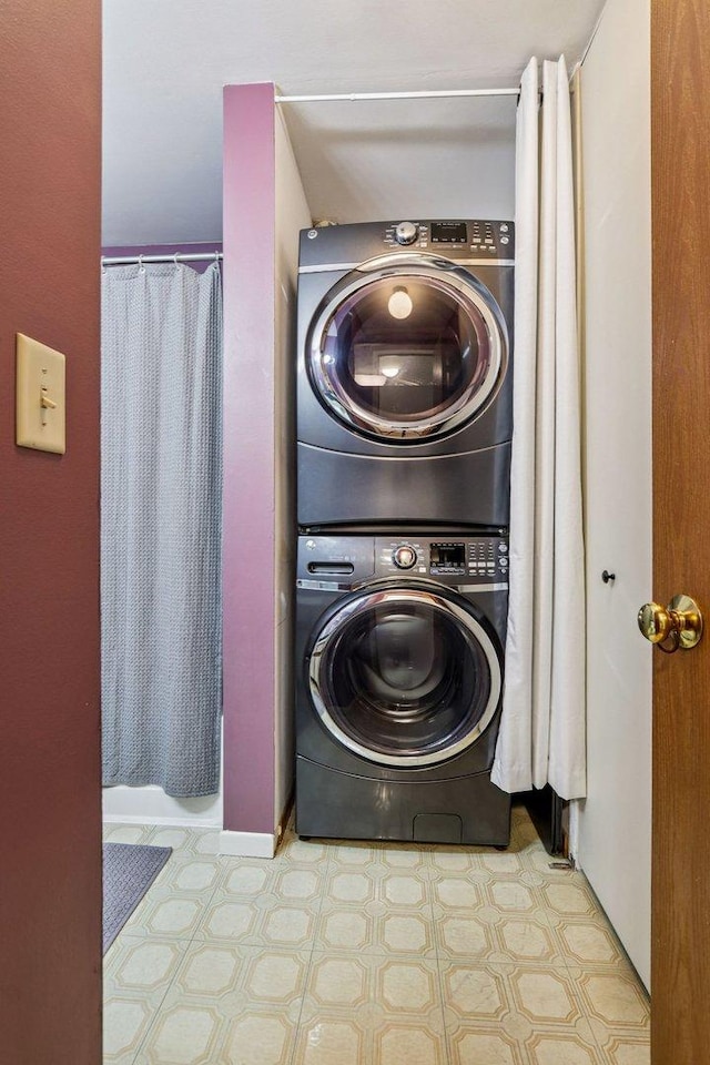 45 Orchard Ter Unit 7, Lombard, IL 60148 - laundry room featuring stacked washer and clothes dryer and tile patterned floors