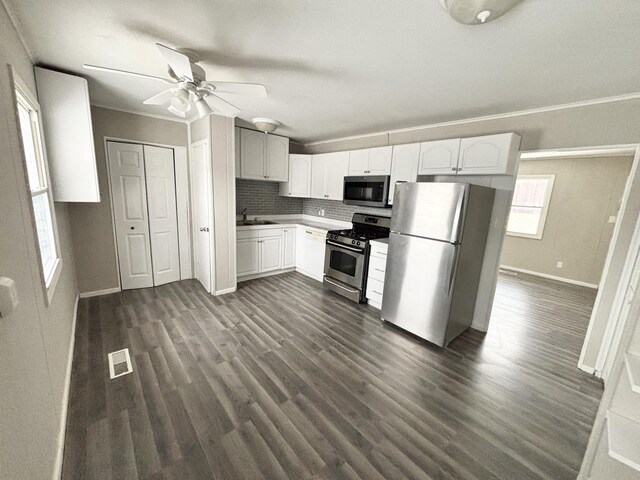 826 S Main St, Lombard, IL 60148 - kitchen with appliances with stainless steel finishes, dark wood finished floors, a ceiling fan, white cabinetry, and backsplash