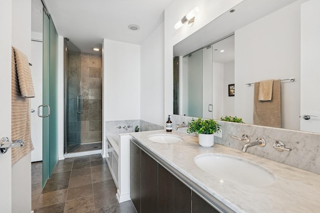 600 N Fairbanks Ct Unit 3304, Chicago, IL 60611 - bathroom featuring a shower stall, double vanity, a garden tub, and recessed lighting