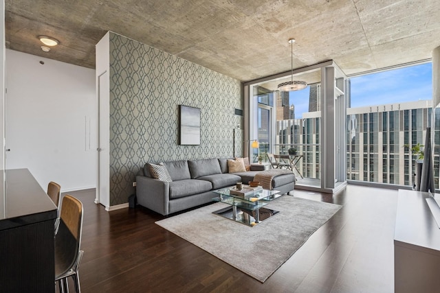 600 N Fairbanks Ct Unit 3304, Chicago, IL 60611 - living room featuring an accent wall, wallpapered walls, wood finished floors, and floor to ceiling windows