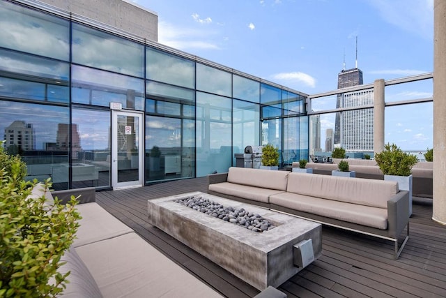 600 N Fairbanks Ct Unit 3304, Chicago, IL 60611 - wooden terrace with an outdoor living space with a fire pit, a city view, and grilling area