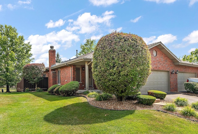 10509 San Luis Ln, Orland Park, IL 60467 - view of front of property with brick siding, a front lawn, a chimney, an attached garage, and driveway