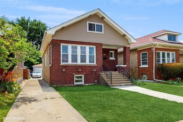 5041 W Fletcher St, Chicago, IL 60641 - bungalow featuring brick siding, a front lawn, an outdoor structure, and a detached garage