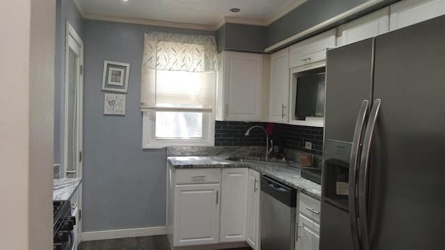 3512 W 84th St, Chicago, IL 60652 - kitchen featuring stainless steel appliances, white cabinets, decorative backsplash, crown molding, and dark wood-style flooring