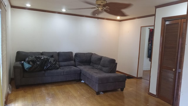 3512 W 84th St, Chicago, IL 60652 - living room featuring ornamental molding, ceiling fan, light wood-style floors, and recessed lighting
