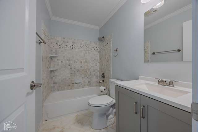 2123 Mallard Ln, Hanover Park, IL 60133 - full bath featuring vanity, shower / bathtub combination, crown molding, and marble finish floors
