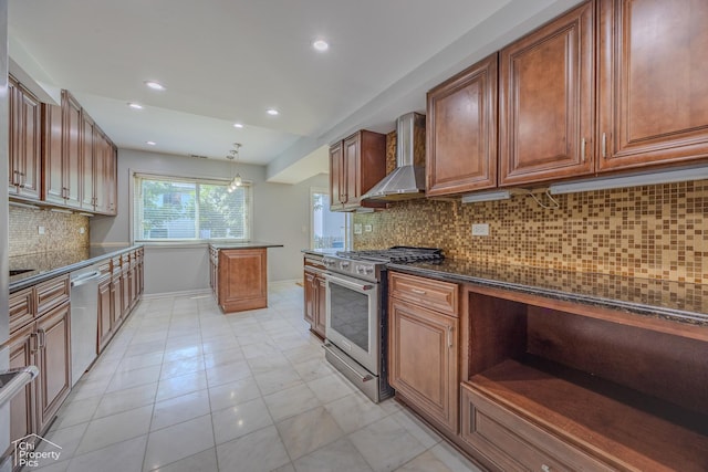 2123 Mallard Ln, Hanover Park, IL 60133 - kitchen featuring stainless steel appliances, wall chimney range hood, dark countertops, backsplash, and recessed lighting