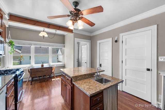 1020 S 4th St, Saint Charles, IL 60174 - kitchen with stainless steel gas range oven, a ceiling fan, dark wood finished floors, ornamental molding, and a baseboard radiator