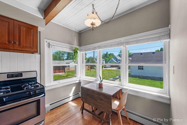 1020 S 4th St, Saint Charles, IL 60174 - kitchen with stainless steel range with gas cooktop, a baseboard radiator, brown cabinetry, tasteful backsplash, and light wood-type flooring