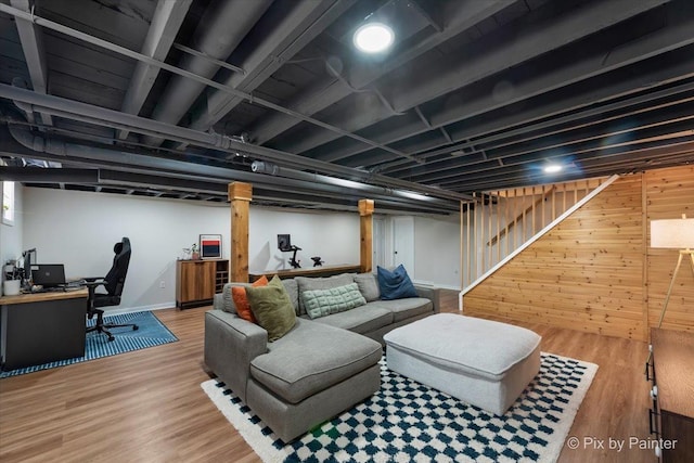 1020 S 4th St, Saint Charles, IL 60174 - living area featuring wood finished floors, a desk, wood walls, and stairway