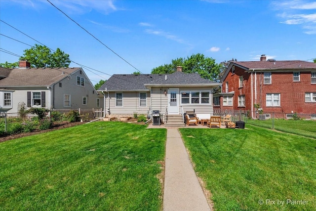 1020 S 4th St, Saint Charles, IL 60174 - rear view of property with entry steps, a fenced backyard, an outdoor hangout area, and a chimney
