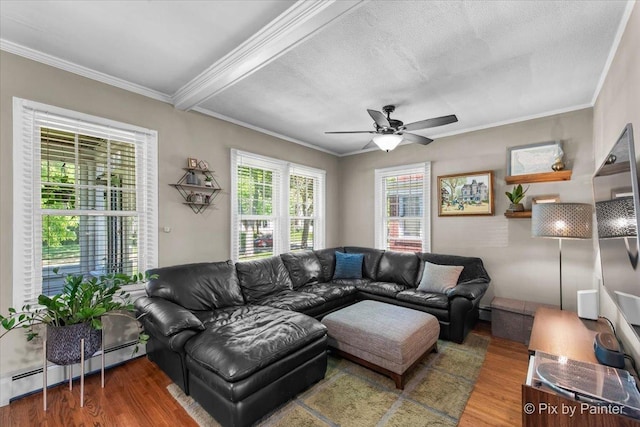1020 S 4th St, Saint Charles, IL 60174 - living room featuring baseboard heating, wood finished floors, ceiling fan, and crown molding