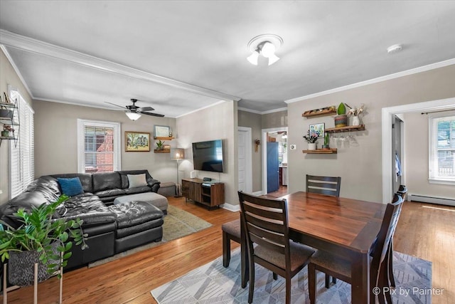 1020 S 4th St, Saint Charles, IL 60174 - dining space featuring wood finished floors, healthy amount of natural light, crown molding, ceiling fan, and a baseboard heating unit