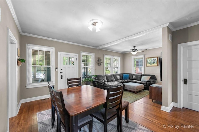 1020 S 4th St, Saint Charles, IL 60174 - dining space featuring wood finished floors, crown molding, and a ceiling fan