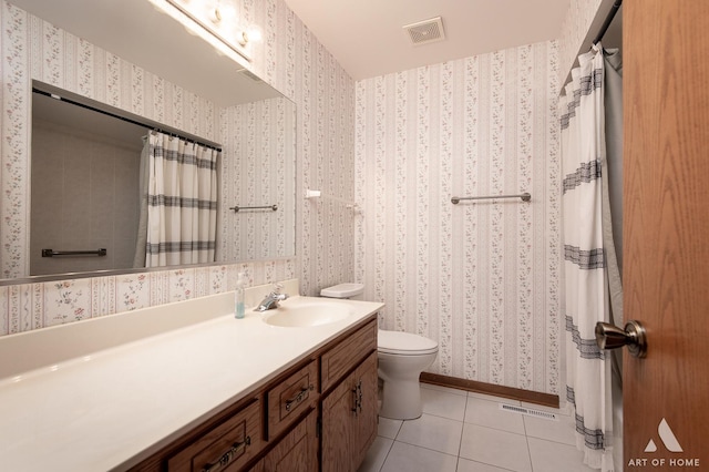 11015 New Mexico Ct, Orland Park, IL 60467 - full bath with tile patterned flooring, vanity, curtained shower, and wallpapered walls
